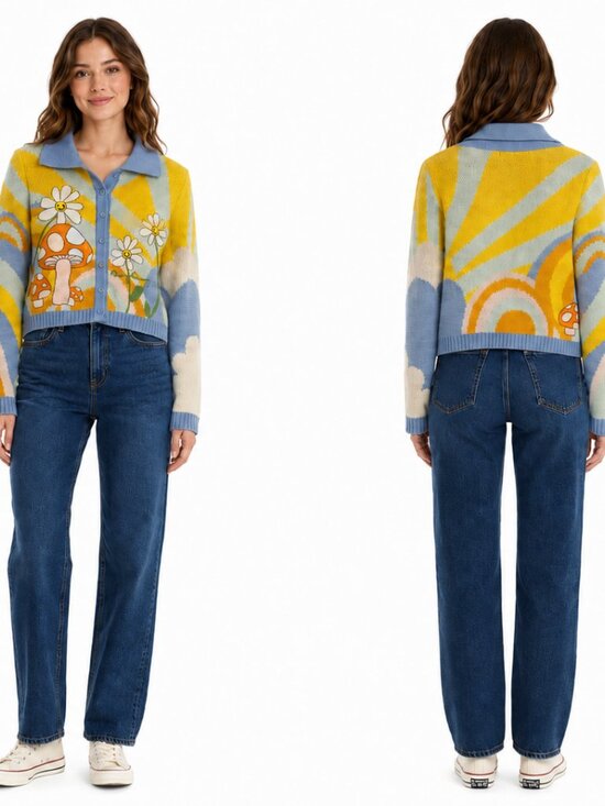 House of Sunny Sweaters - House of Sunny, Mushroom/Daisy Cardigan EUC Size 8/M
